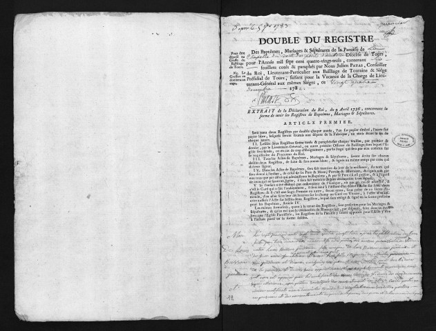 Collection du greffe. Baptêmes, mariages, sépultures, 7 janvier-22 décembre 1783