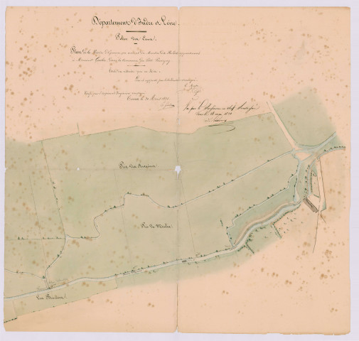 Plan aquarellé de la rivière d'Aigronne en amont du moulin (28 mai 1831)