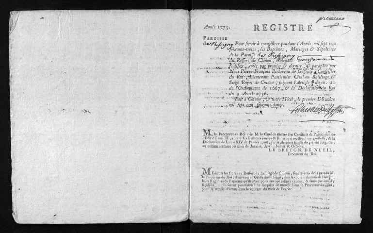 Collection du greffe. Baptêmes, mariages, sépultures, 1773