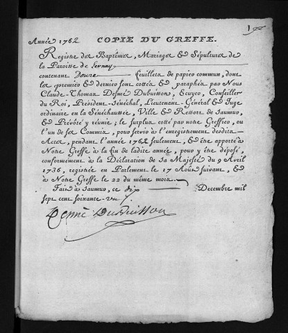 Collection du greffe. Baptêmes, mariages, sépultures, 1762