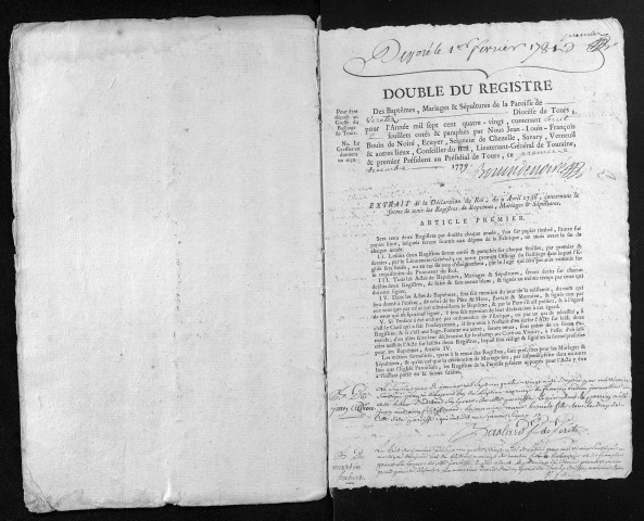 Collection du greffe. Baptêmes, mariages, sépultures, 1780