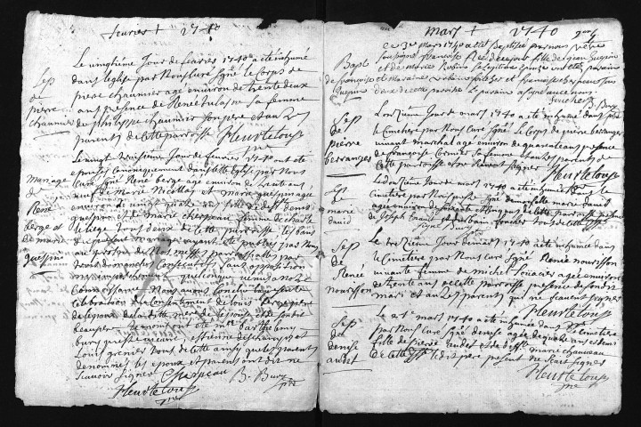 Collection du greffe. Baptêmes, mariages, sépultures, 1740