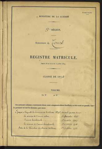 Classe 1893. Matricules n°501-1000
