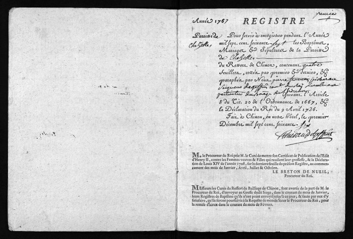 Collection du greffe. Baptêmes, mariages, sépultures, 1767