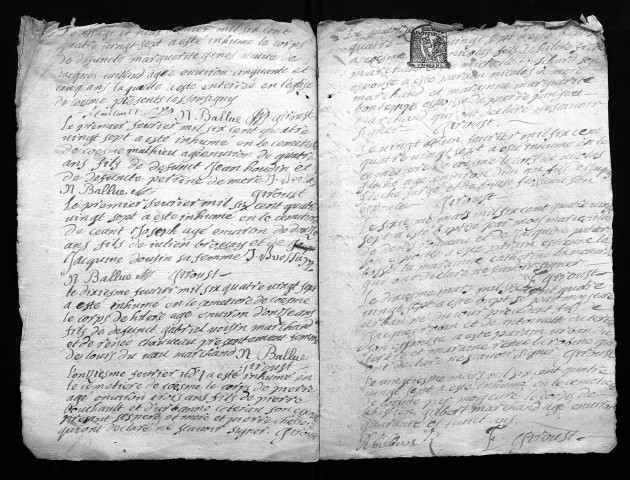 Collection du greffe. Baptêmes, mariages, sépultures, 1687 - Les années 1684-1686 sont lacunaires dans cette collection