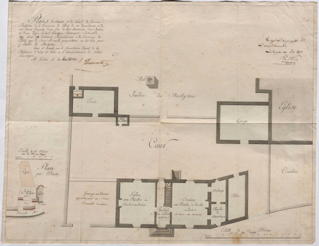 Projet d'acquisition d'une maison appelée à devenir le presbytère : deux plans (1823) ; plan de l'ancien presbytère (1827).
