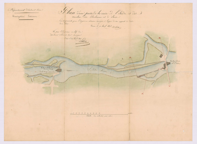 Plan d'une partie de la rivière de l'Indre et des moulins des Poulineries et d'Esvres (17 avril 1827)