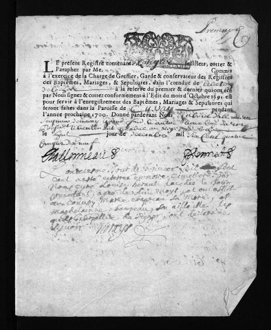 Collection du greffe. Baptêmes, mariages, sépultures, 1700 - L'année 1699 est lacunaire dans cette collection