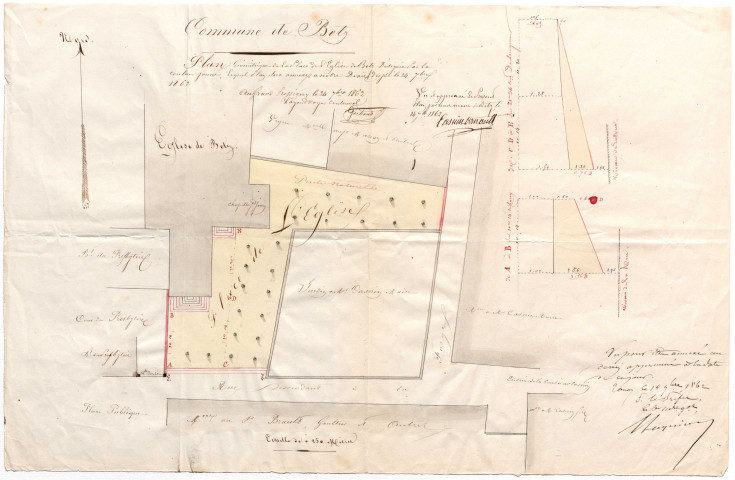 Un plan géométrique de la place publique (1862), 4 plans : projet d'agrandissement de la place publique (1896).