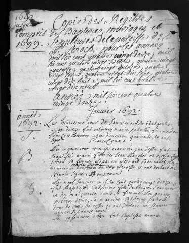 Baptêmes, mariages, sépultures, 1692-1699 - Les années 1690-1691 sont lacunaires dans la collection du greffe