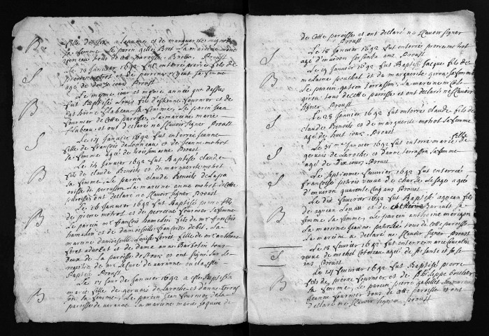 Baptêmes, mariages, sépultures, 1692-1699 - Les années 1690-1691 sont lacunaires dans la collection du greffe