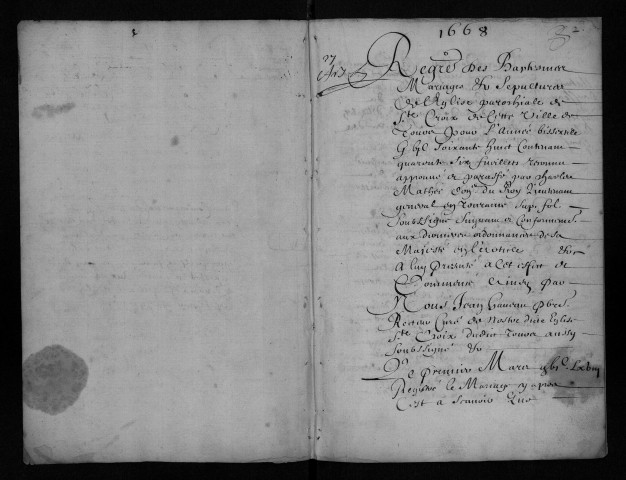 Collection communale. Baptêmes, mariages, sépultures, mars 1668-29 avril 1670 (ff. 1-41), 3 mai 1677-25 octobre 1692 (ff. 42-329)