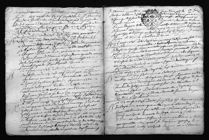 Collection du greffe. Baptêmes, mariages, sépultures, 1736