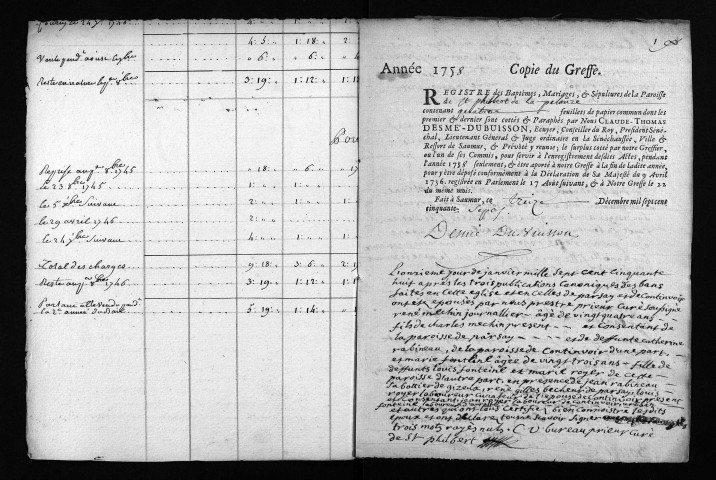 Collection du greffe. Baptêmes, mariages, sépultures, 1758
