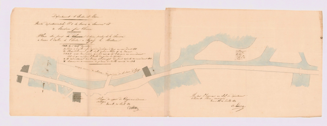 Plans du pont et d'une partie de la chaussée à travers le vallon de l'Indre à Azay (30 avril 1830)