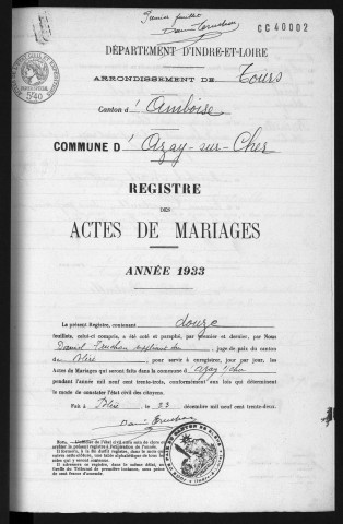 Mariages, 1933-1937 - Lacune : acte n°1 de 1933, mariage du 25 février de Almyre Norel et de Hélène Bataille