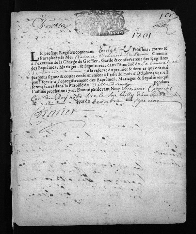 Collection du greffe. Baptêmes, mariages, sépultures, 1701 - Les années 1693-1700 sont lacunaires dans cette collection