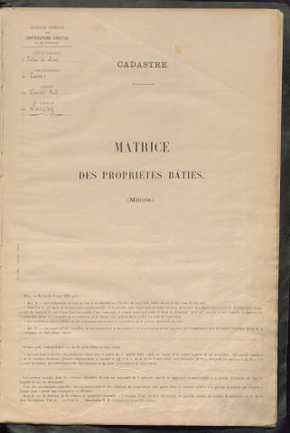 Matrice des propriétés bâties ; récapitulation ; table alphabétique des propriétaires.