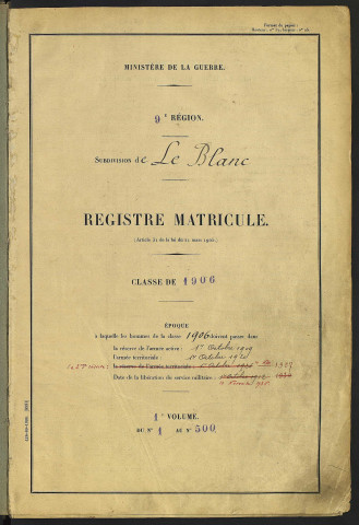 Classe 1906. Matricules n°1-498, 1691-1698, 1713-1714
