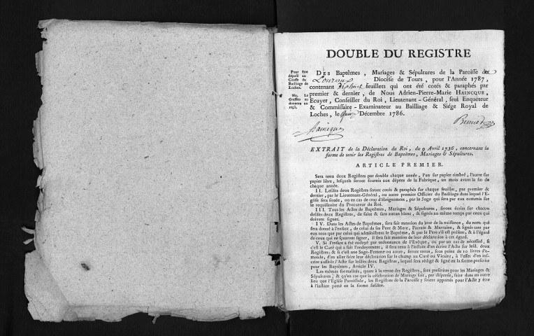 Collection du greffe. Baptêmes, mariages, sépultures, 1787