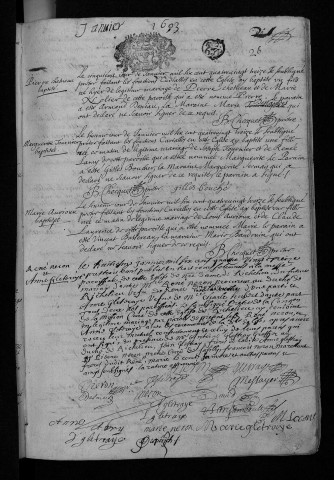 Collection communale. Baptêmes, mariages, sépultures, 1693-1697