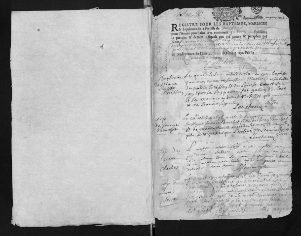 Collection communale. Baptêmes, mariages, sépultures, octobre 1696-décembre 1705