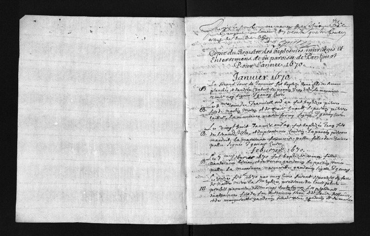 Collection du greffe. Baptêmes, mariages, sépultures, 1670