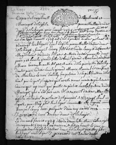 Collection du greffe. Baptêmes, mariages, sépultures, 1724 - L'année 1723 est lacunaire dans cette collection