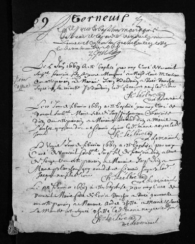 Collection du greffe. Baptêmes, mariages, sépultures, 1669