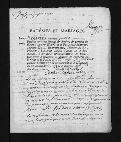 Collection du greffe. Baptêmes, mariages, sépultures, 1760