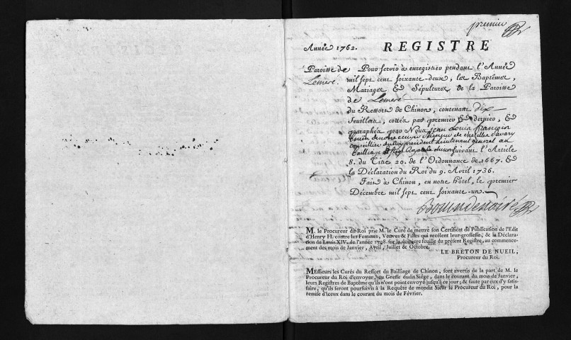 Collection du greffe. Baptêmes, mariages, sépultures, 1762