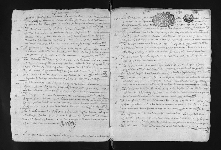 Collection du greffe. Baptêmes, mariages, sépultures, 1691