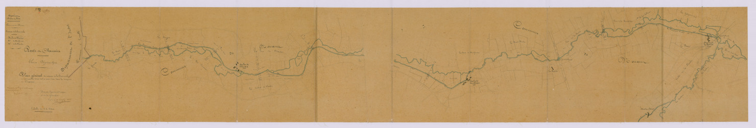 Plan général du ruisseau de la Tourmente et des moulins situés sur ce cours d'eau dans la commune de Nouans (25 octobre 1851)