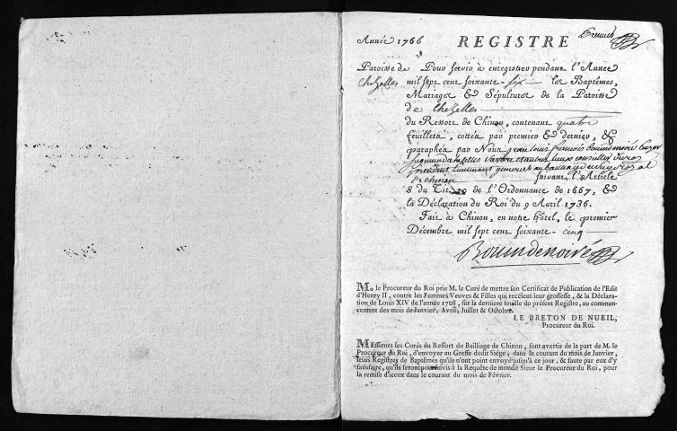 Collection du greffe. Baptêmes, mariages, sépultures, 1766