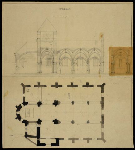 Église : 2 plans sans date. Projet de restauration : 2 plans (1853). Projet de restauration : 2 plans (1876-1879). Projet de meuble de sacristie : 1 plan (1887).