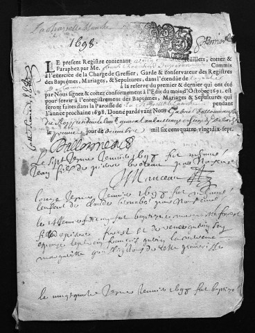 Collection du greffe. Baptêmes, mariages, sépultures, 1698 - Les années 1693-1697 sont lacunaires dans cette collection