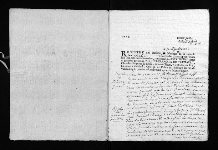 Collection du greffe. Baptêmes, mariages, sépultures, 1773