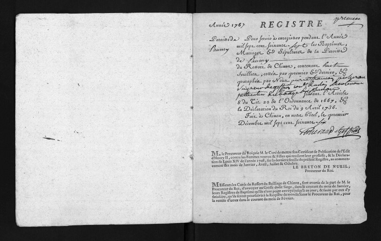 Collection du greffe. Baptêmes, mariages, sépultures, 1767