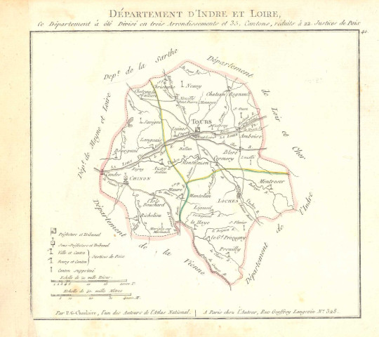 Carte du département d'Indre-et-Loire divisé en 3 arrondissements et 35 cantons, réduit à 22 justices de paix, dressée par P. G. Chanlaire, l'un des auteurs de l'atlas national.