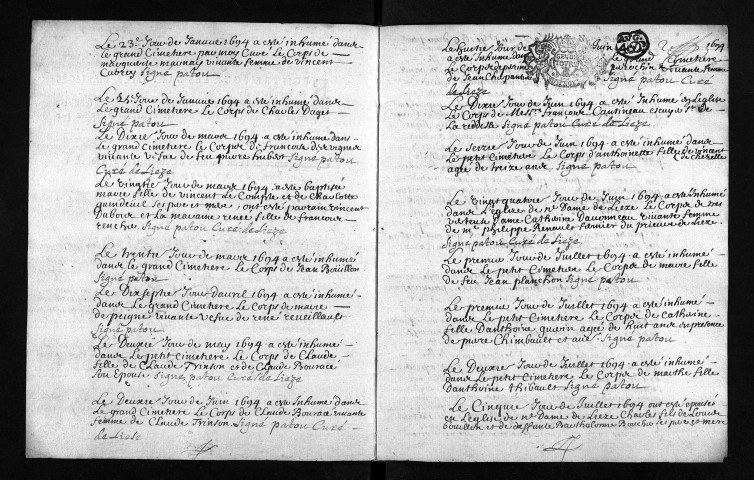 Collection du greffe. Baptêmes, mariages, sépultures, 1694-1696