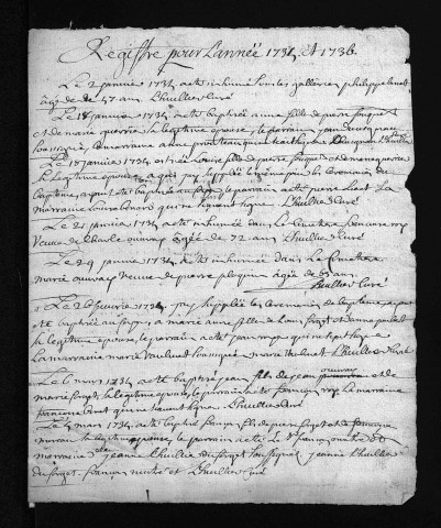Collection du greffe. Baptêmes, mariages, sépultures, 1735-1736