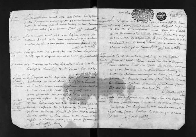 Collection du greffe. Baptêmes, mariages, sépultures, 1692-1700