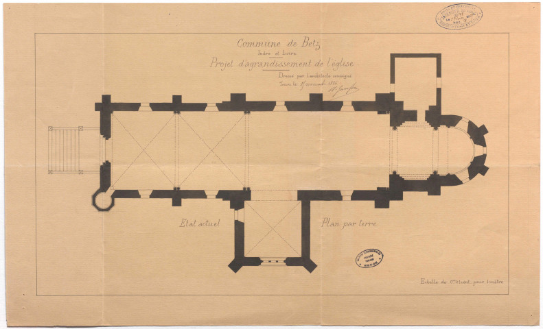 Église : 6 plans d'agrandissement (1877), 1 plan du perron [1877], 2 plans d'un projet d'agrandissement (1886), 7 plans d'agrandissement (1886-1887).