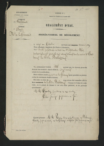 Procès-verbal de récolement des travaux effecutés suite au règlement d'eau du 1er septmbre 1860 (21 octobre 1861)
