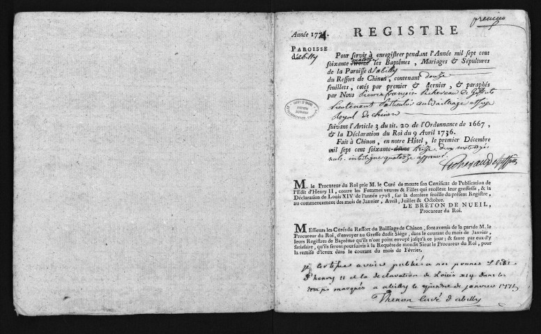 Collection du greffe. Baptêmes, mariages, sépultures, 1774