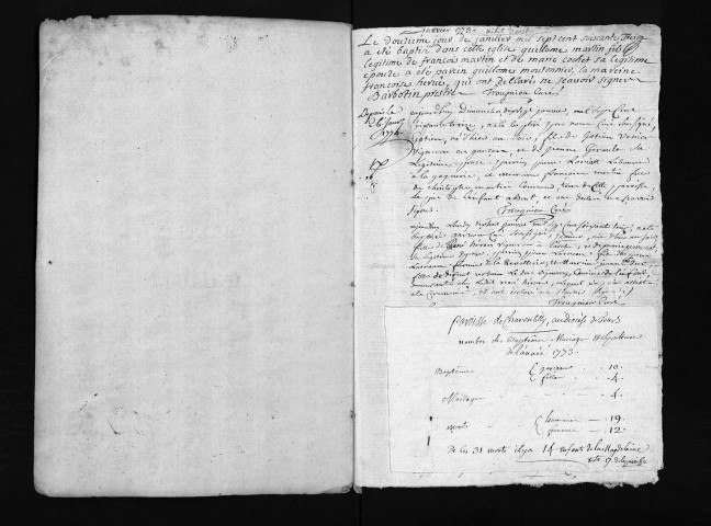 Collection du greffe. Baptêmes, mariages, sépultures, 1773