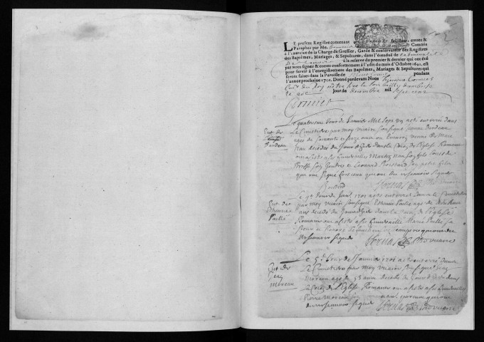 Collection communale. Baptêmes, mariages, sépultures, 1701