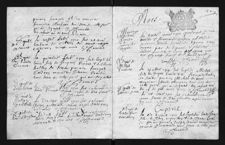 Collection communale. Baptêmes, mariages, sépultures, 1710-1719