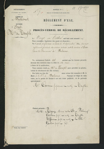 Règlement d'eau des usines de l'Esves du 1er septembre 1860, contrôle des travaux effectués (21 octobre 1861)