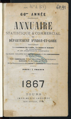 Annuaire statistique et commercial du département de l'Indre-et-Loire - 1867.